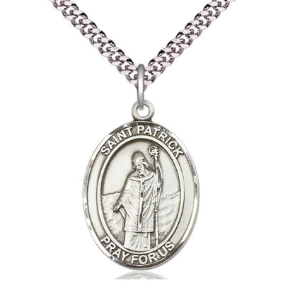 Large Pewter St Patrick Pendant on a 24 inch Light Rhodium-plated Heavy Curb Chain, Bliss Manufacturing