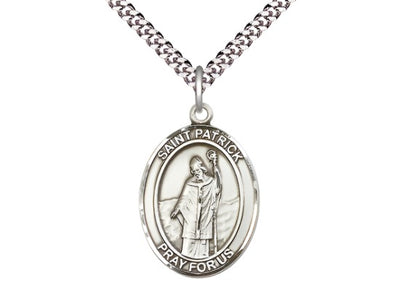 Large Sterling Silver St Patrick Pendant on a 24 inch Light Rhodium Heavy Curb Chain, Bliss Manufacturing