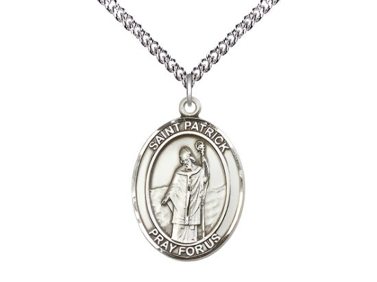 Bliss Large Sterling Silver St Patrick Pendant on a 24 inch Sterling Silver Heavy Curb Chain,