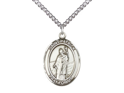 Large Sterling Silver St Patrick Pendant on a 24 inch Sterling Silver Heavy Curb Chain, Bliss Manufacturing