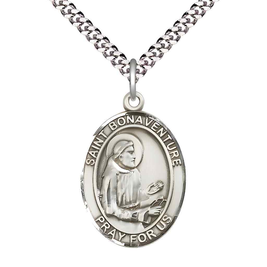 Large Saint Bonaventure Pewter Oval Medal Pendant with 24" Rhodium-plated Curb Chain in Deluxe Gift Box | Bliss Manufacturing