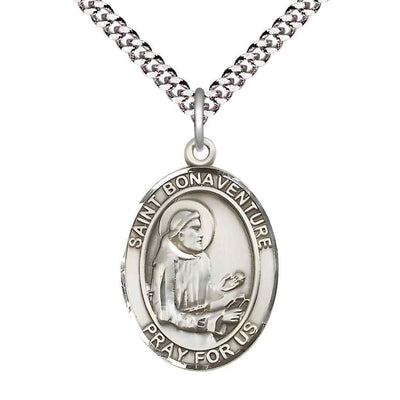 Large Saint Bonaventure Pewter Oval Medal Pendant with 24" Rhodium-plated Curb Chain in Deluxe Gift Box | Bliss Manufacturing