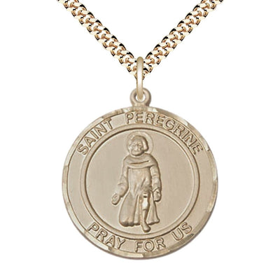 St. Peregrine Laziosi 14kt Gold-filled Round Medal Pendant with Gold-plated Chain, Measures 1-inch tall by 7/8-inch wide. Deluxe Gift Box, Bliss Manufacturing