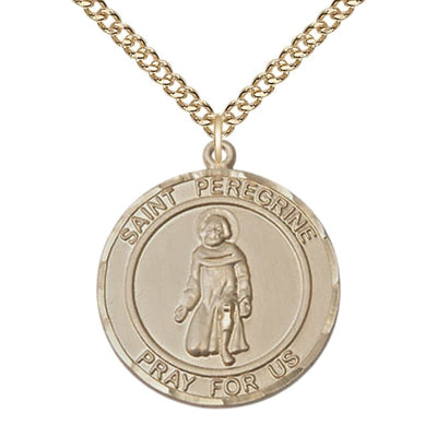 St. Peregrine Laziosi 14kt Gold-filled Round Medal Pendant with Gold-filled Chain, Measures 1-inch tall by 7/8-inch wide. Deluxe Gift Box, Bliss Manufacturing