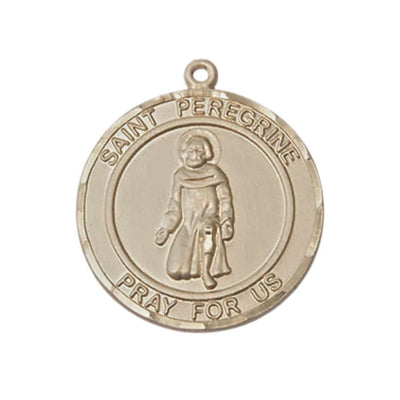 St. Peregrine Laziosi 14kt Gold Round Medal Pendant, Measures 1-inch tall by 7/8-inch wide. Deluxe Gift Box, Bliss Manufacturing