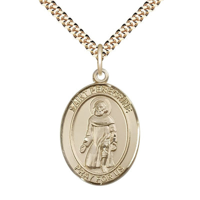 St. Peregrine Laziosi 14kt Gold-filled Oval Medal Pendant with Gold-plated Chain, Measures 1-inch tall by 3/4-inch wide. Deluxe Gift Box, Bliss Manufacturing