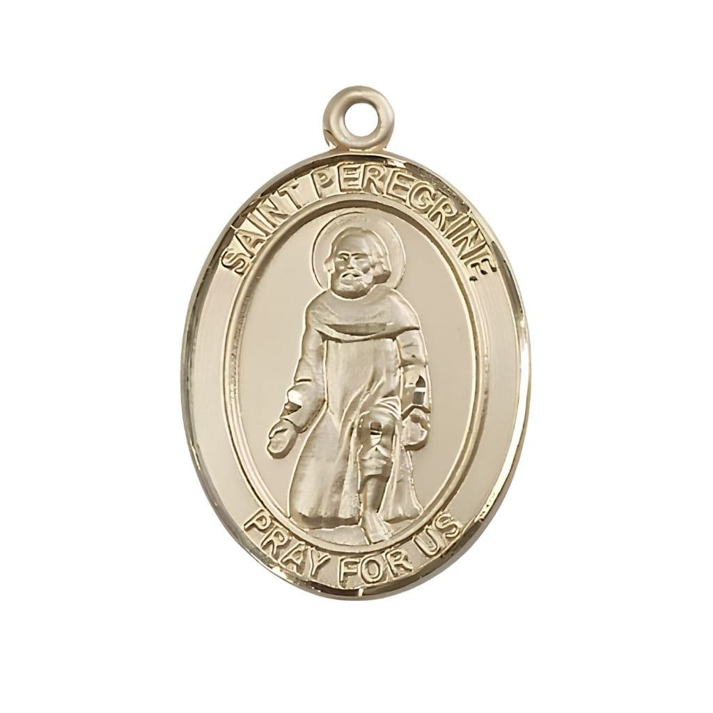 Bliss St. Peregrine Laziosi 14kt Gold Oval Medal Pendant, Measures 1-inch tall by 3/4-inch wide. Deluxe Gift Box.