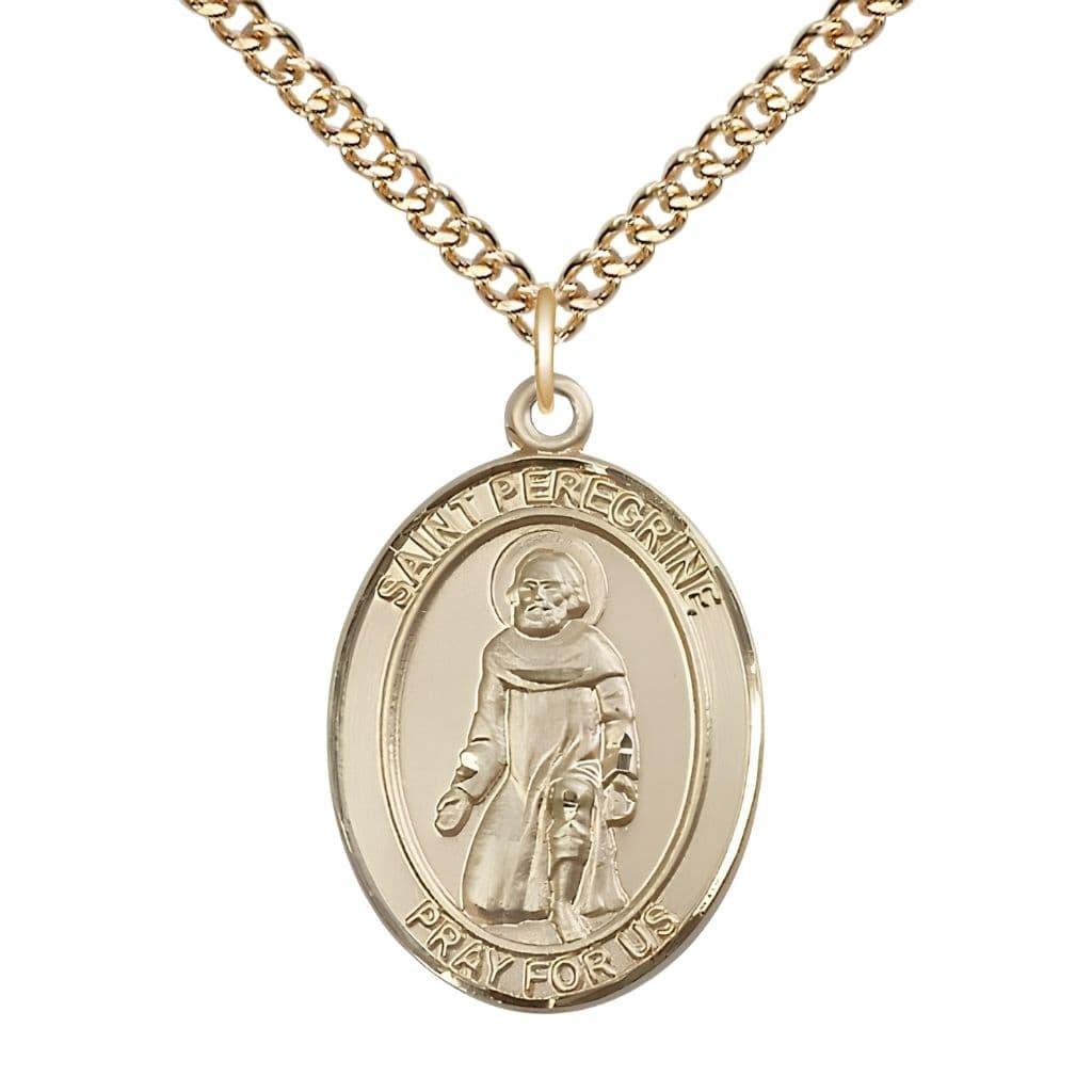 Bliss St. Peregrine Laziosi 14kt Gold Oval Medal Pendant with 14kt Gold Chain, Measures 1-inch tall by 3/4-inch wide. Deluxe Gift Box.