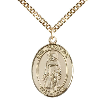 St. Peregrine Laziosi 14kt Gold Oval Medal Pendant with 14kt Gold Chain, Measures 1-inch tall by 3/4-inch wide. Deluxe Gift Box, Bliss Manufacturing