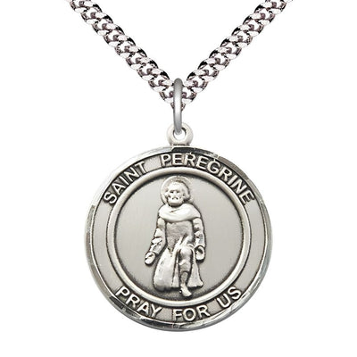 St. Peregrine Laziosi Pewter Round Medal Pendant with Rhodium-plated Chain, Measures 1-inch tall by 7/8-inch wide. Deluxe Gift Box, Bliss Manufacturing