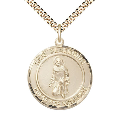 San Peregrino 14kt Gold-filled Round Medal Pendant with Gold-plated Chain, Measures 1-inch tall by 7/8-inch wide. Deluxe Gift Box, Bliss Manufacturing