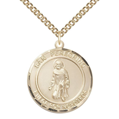 San Peregrino 14kt Gold-filled Round Medal Pendant with Gold-filled Chain, Measures 1-inch tall by 7/8-inch wide. Deluxe Gift Box, Bliss Manufacturing