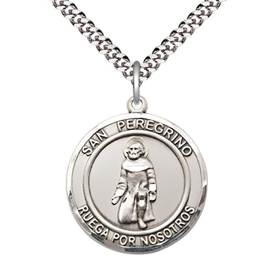 San Peregrino Sterling Silver Round Medal Pendant with Rhodium-plated Chain, Measures 1-inch tall by 7/8-inch wide. Deluxe Gift Box, Bliss Manufacturing