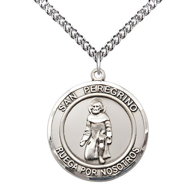 San Peregrino Sterling Silver Round Medal Pendant with Sterling Silver Chain, Measures 1-inch tall by 7/8-inch wide. Deluxe Gift Box, Bliss Manufacturing