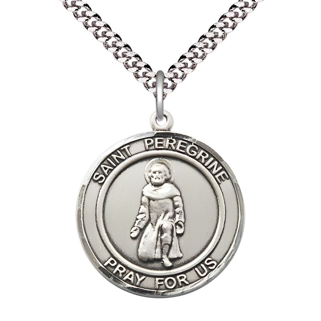 Bliss St. Peregrine Laziosi Sterling Silver Round Medal Pendant with Rhodium-plated Chain, Measures 1-inch tall by 7/8-inch wide. Deluxe Gift Box.