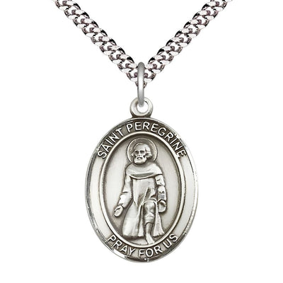 St. Peregrine Laziosi Sterling Silver Oval Medal Pendant with Rhodium-plated Chain, Measures 1-inch tall by 3/4-inch wide. Deluxe Gift Box, Bliss Manufacturing
