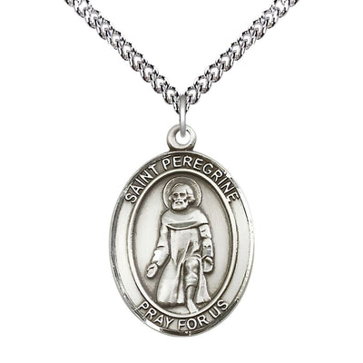St. Peregrine Laziosi Sterling Silver Oval Medal Pendant with Sterling Silver Chain, Measures 1-inch tall by 3/4-inch wide. Deluxe Gift Box, Bliss Manufacturing
