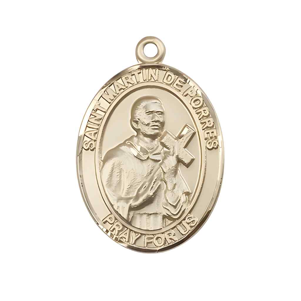 Large Saint Martin de Porres 14kt Gold Oval Medal Pendant comes in Deluxe Gift Box | Bliss Manufacturing