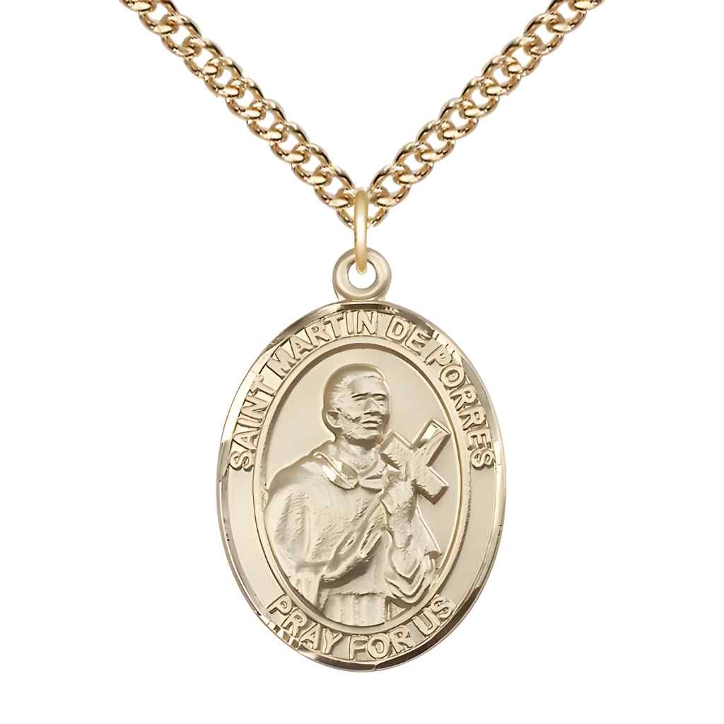 Large Saint Martin de Porres 14kt Gold Oval Medal Pendant with 14kt Gold Curb Chain in Deluxe Gift Box | Bliss Manufacturing