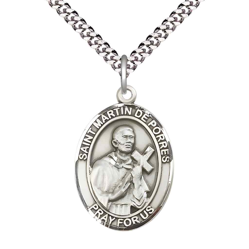Large Saint Martin de Porres Pewter Oval Medal Pendant with Rhodium-plated Curb Chain in Deluxe Gift Box | Bliss Manufacturing