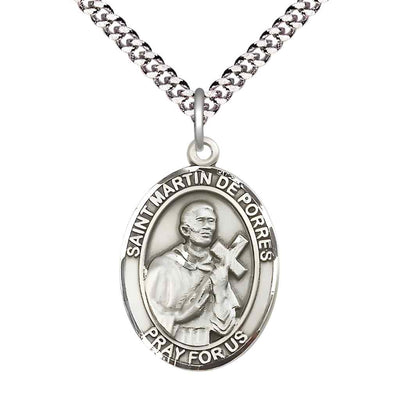 Large Saint Martin de Porres Sterling Silver Oval Medal Pendant with Rhodium-plated Curb Chain in Deluxe Gift Box | Bliss Manufacturing