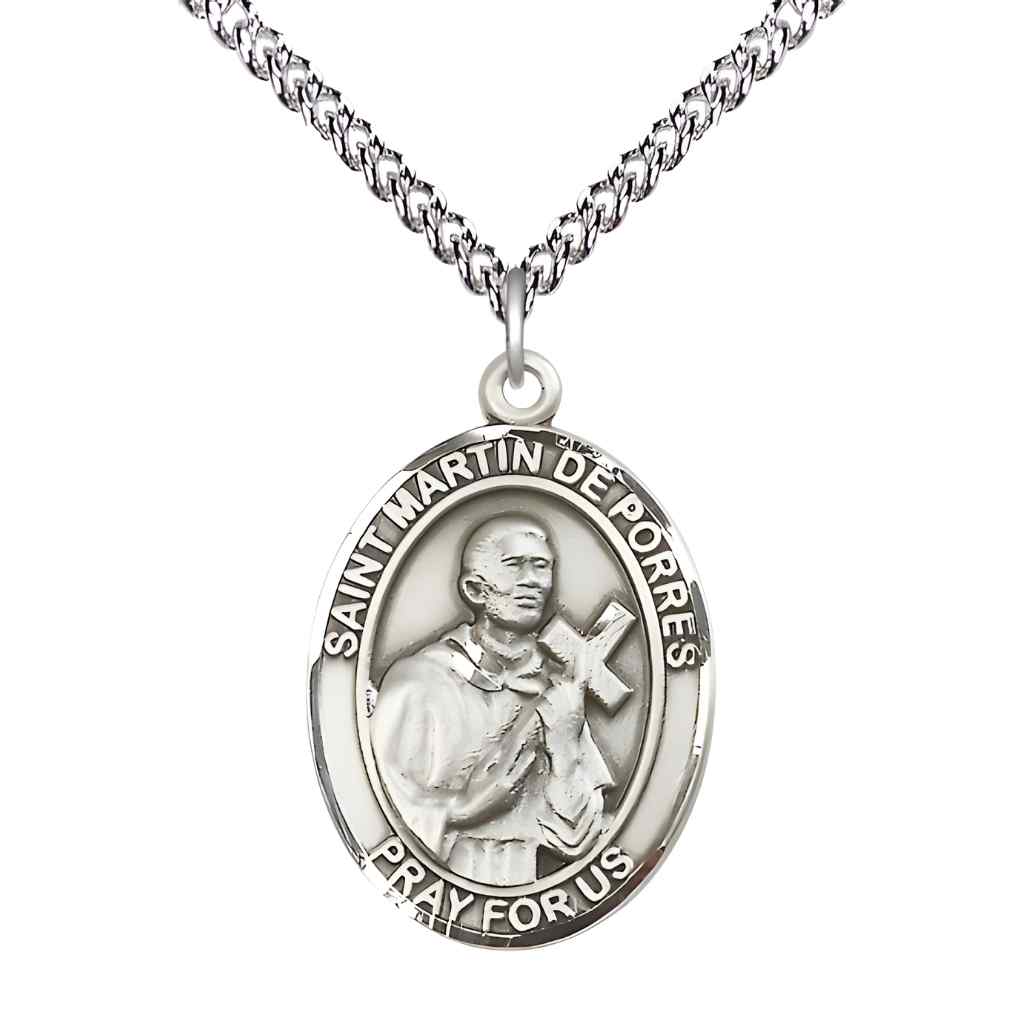 Large Saint Martin de Porres Sterling Silver Oval Medal Pendant with Sterling Silver Curb Chain in Deluxe Gift Box | Bliss Manufacturing