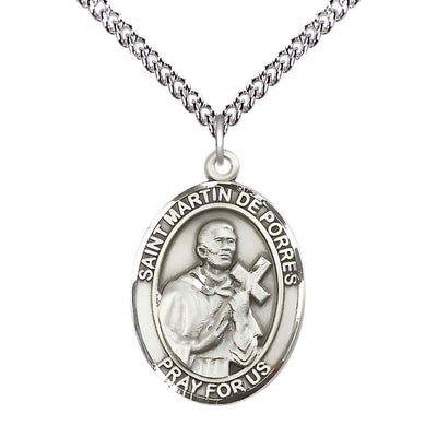 Large Saint Martin de Porres Sterling Silver Oval Medal Pendant with Sterling Silver Curb Chain in Deluxe Gift Box | Bliss Manufacturing