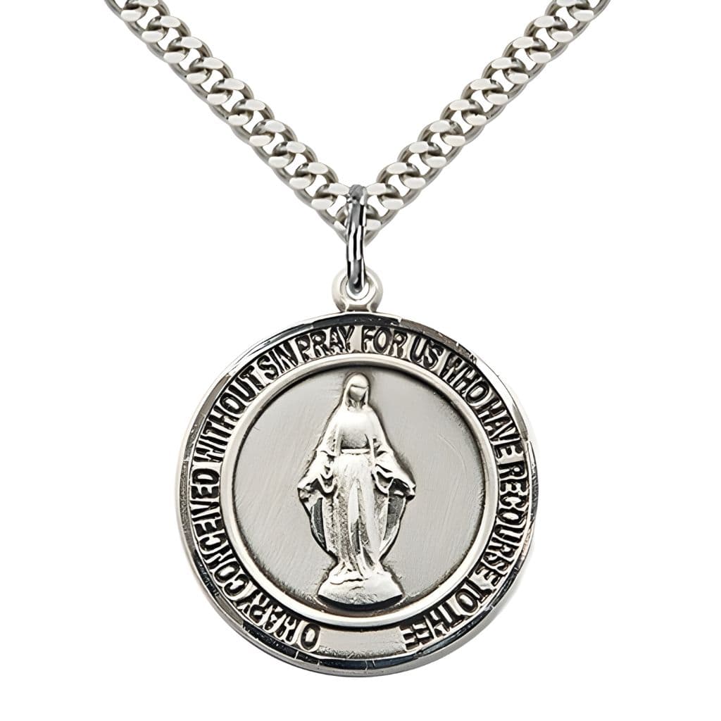 Bliss Round Miraculous Medal Pewter Pendant with Rhodium-plated Chain, Measures 1-inch tall by 7/8-inch wide.