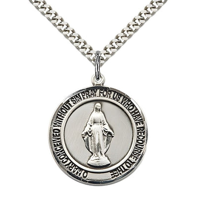 Round Miraculous Medal Pewter Pendant with Rhodium-plated Chain, Measures 1-inch tall by 7/8-inch wide, Bliss Manufacturing