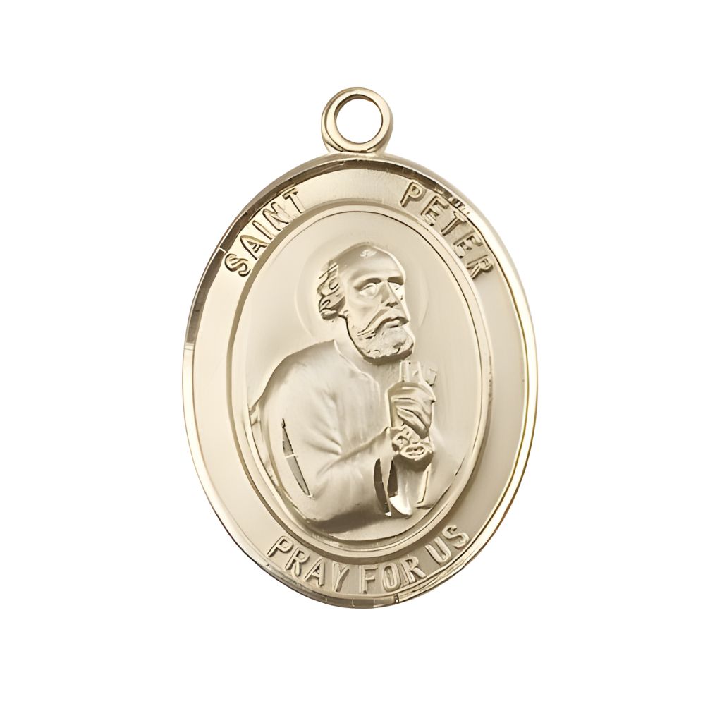 Bliss St. Peter the Apostle 14kt Gold Oval Medal Pendant, Measures 1-inch tall by 3/4-inch wide.