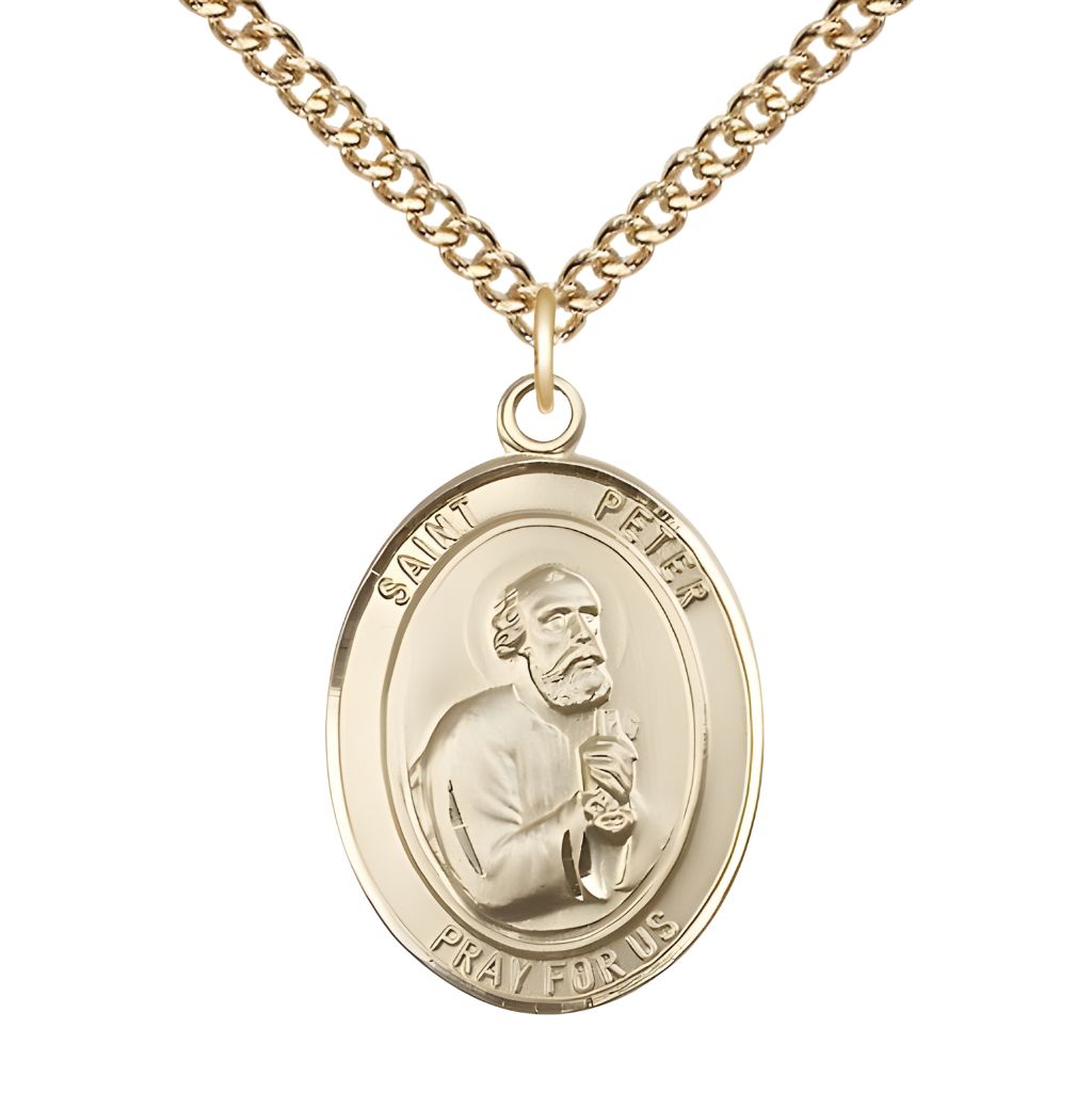 Bliss St. Peter the Apostle 14kt Gold Oval Medal Pendant with 14kt Gold Chain, Measures 1-inch tall by 3/4-inch wide.
