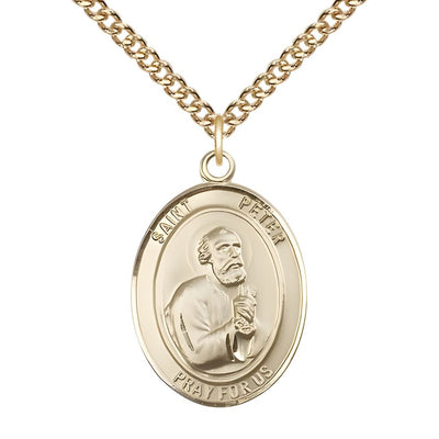 St. Peter the Apostle 14kt Gold Oval Medal Pendant with 14kt Gold Chain, Measures 1-inch tall by 3/4-inch wide, Bliss Manufacturing