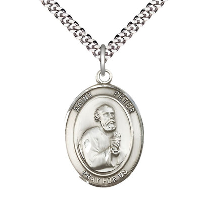 St. Peter the Apostle Pewter Oval Medal Pendant with Rhodium-plated Chain, Measures 1-inch tall by 3/4-inch wide, Bliss Manufacturing