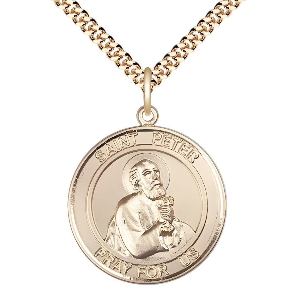 Bliss St. Peter the Apostle 14kt Gold-filled Round Medal Pendant with Gold-plated Chain, Measures 1-inch tall by 7/8-inch wide.