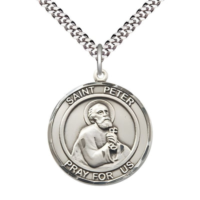 St. Peter the Apostle Pewter Round Medal Pendant with Rhodium-plated Chain, Measures 1-inch tall by 7/8-inch wide, Bliss Manufacturing