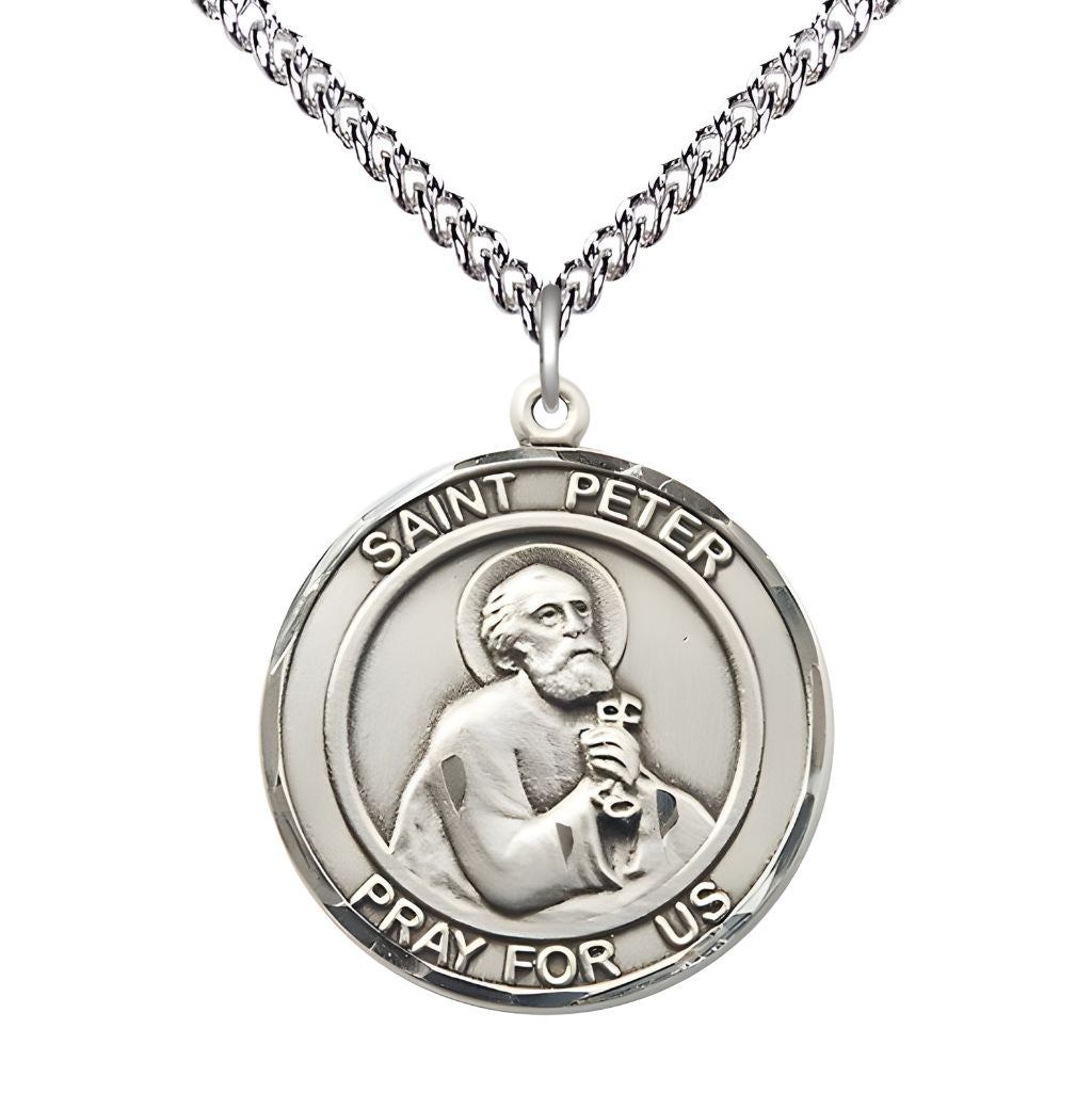 Bliss St. Peter the Apostle Sterling Silver Round Medal Pendant with Sterling Silver Chain, Measures 1-inch tall by 7/8-inch wide.