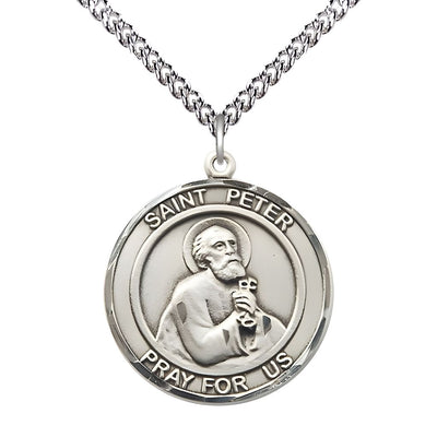 St. Peter the Apostle Sterling Silver Round Medal Pendant with Sterling Silver Chain, Measures 1-inch tall by 7/8-inch wide, Bliss Manufacturing