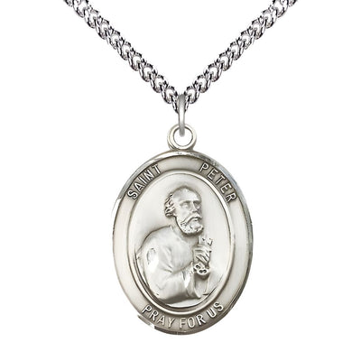St. Peter the Apostle Sterling Silver Oval Medal Pendant with Sterling Silver Chain, Measures 1-inch tall by 3/4-inch wide, Bliss Manufacturing