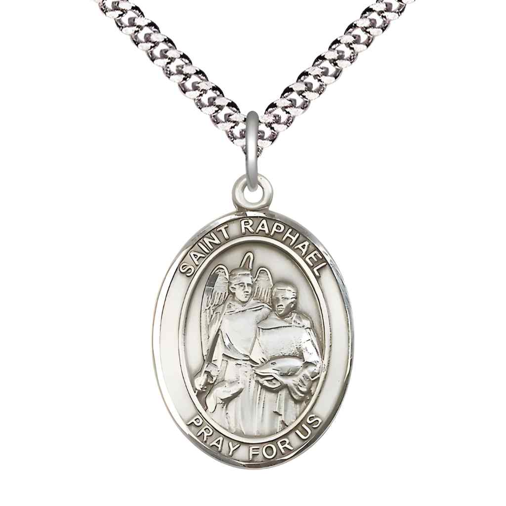 Large Raphael the Archangel Pewter Oval Medal Pendant with Rhodium-plated Curb Chain with Deluxe Gift Box | Bliss Manufacturing