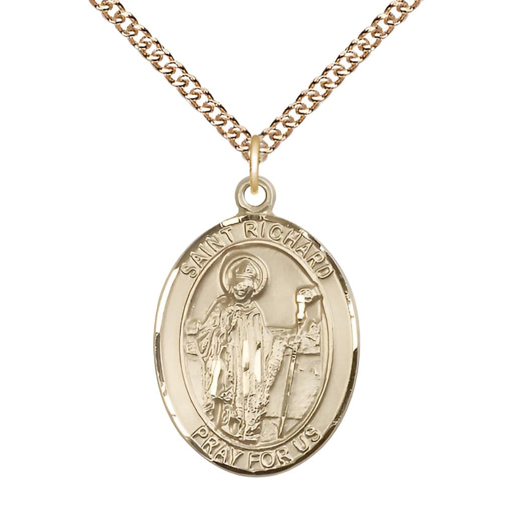 Bliss St. Richard 14kt Gold Oval Engravable Medal with 14kt Gold Chain, 1-inch,