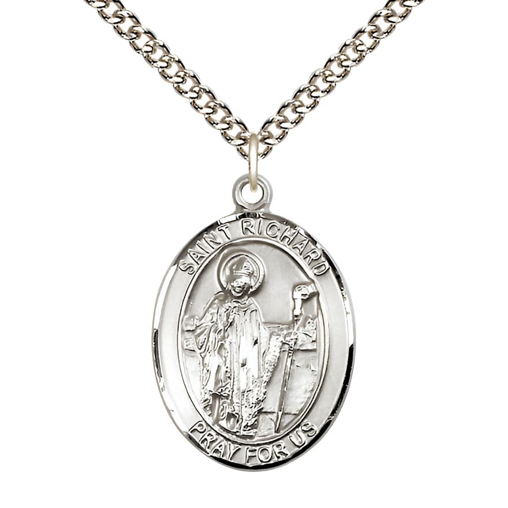 Bliss St. Richard Sterling Silver Oval Engravable Medal Necklace with Sterling Silver Chain, 1-inch,