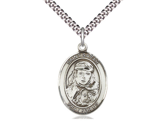 Bliss Pewter St Sarah Pendant on a Light Rhodium Heavy Curb Chain,