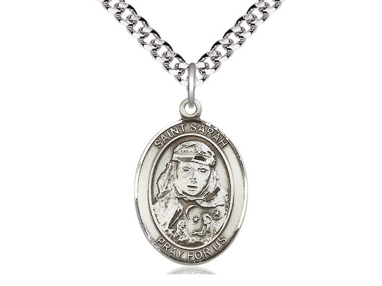 Bliss Pewter St Sarah Pendant on a Rhodium Heavy Curb Chain,