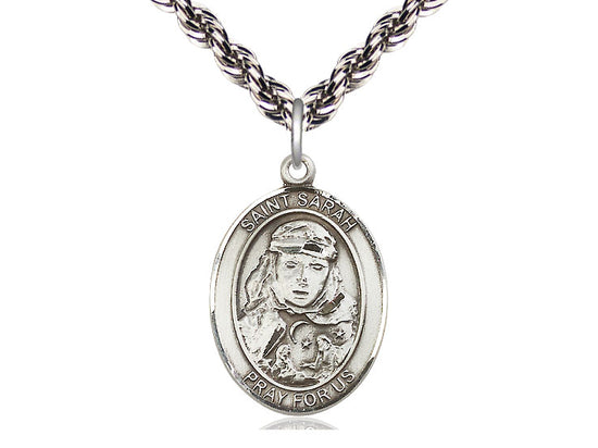 Bliss Pewter St Sarah Pendant on a Light Rhodium Heavy French Rope Chain,