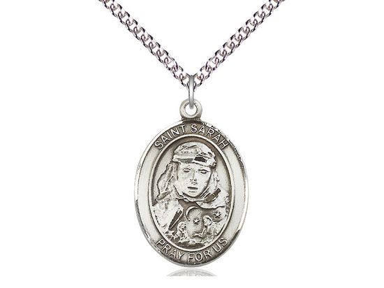 Bliss Large Engravable St Sarah Sterling Silver Medal with Sterling Silver Curb Chain,