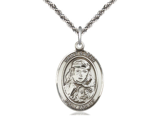 Bliss Large Engravable St Sarah Sterling Silver Medal with Sterling Silver Rope Chain,