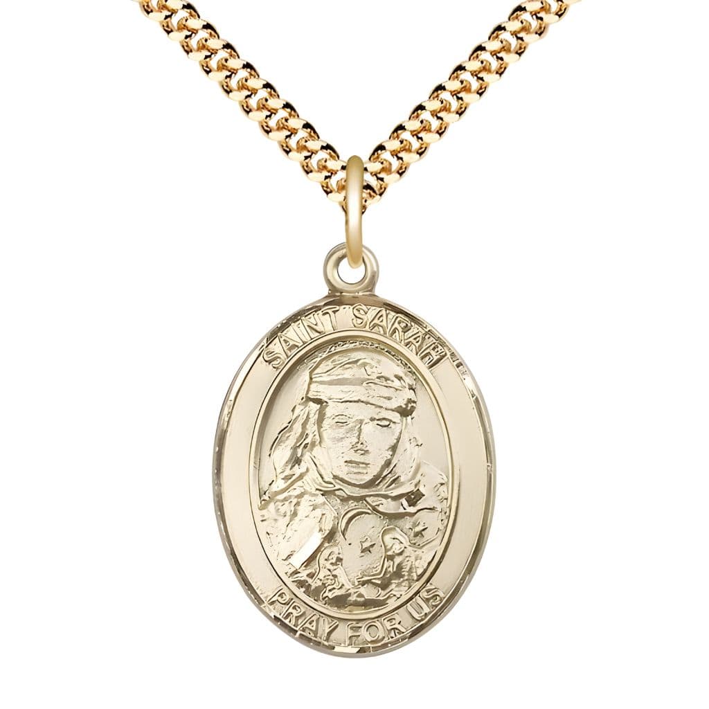 Bliss St. Sarah 14kt Gold-filled Oval Medal Pendant with Gold-plated Chain, Measures 1-inch tall by 3/4-inch wide.