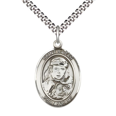 St. Sarah Pewter Oval Medal Pendant with Rhodium-plated Chain, Measures 1-inch tall by 3/4-inch wide, Bliss Manufacturing