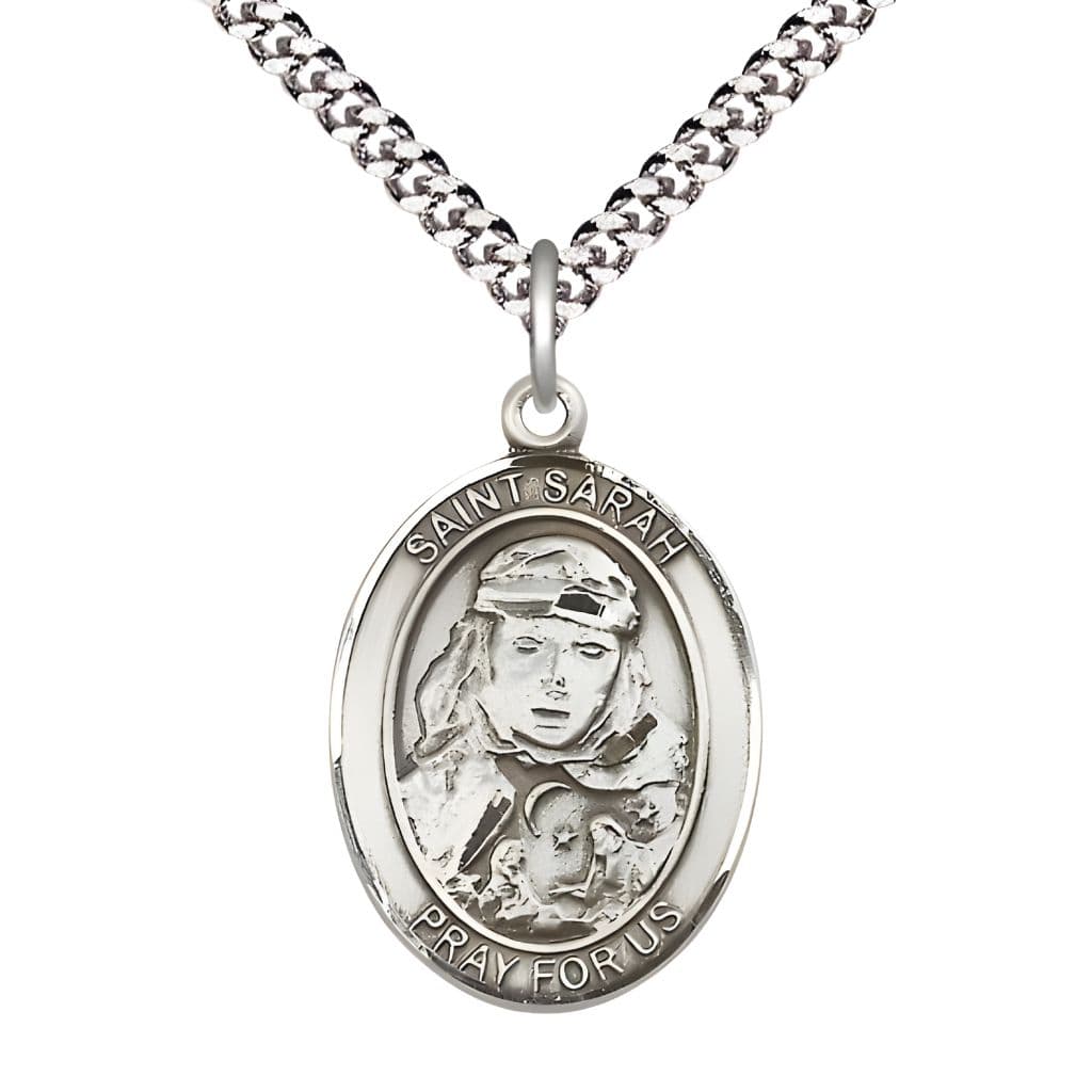 Bliss St. Sarah Sterling Silver Oval Medal Pendant with Rhodium-plated Chain, Measures 1-inch tall by 3/4-inch wide.