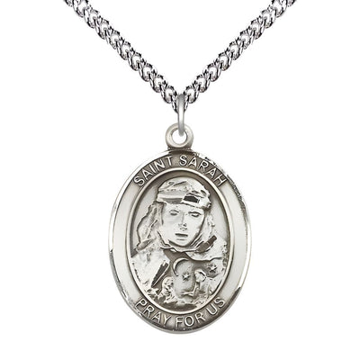 St. Sarah Sterling Silver Oval Medal Pendant with Stelring Chain, Measures 1-inch tall by 3/4-inch wide, Bliss Manufacturing